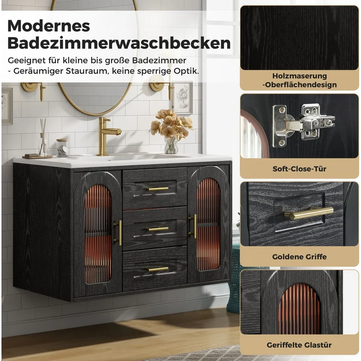 Waschtischschrank 76x46x55 cm Schwarz mit geriffelter Glastür, LED und Keramikwaschbecken – Bild 9