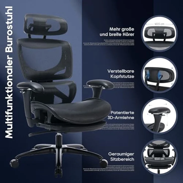 COLAMY Ergonomischer Bürostuhl mit Fußstütze, 3D-Armlehnen, Kopfstütze, Lendenwirbelstütze & Atmungsaktives Mesh – Schreibtischstuhl für Büro & Home Office, Schwarz – Bild 7