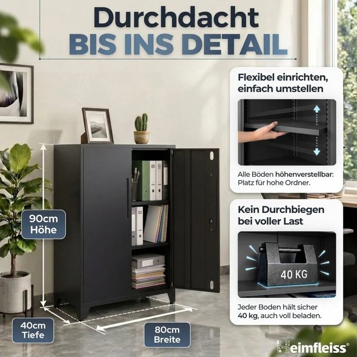 Heimfleiss® Aktenschrank Metallschrank abschließbar, verstellbare Böden – Bild 2