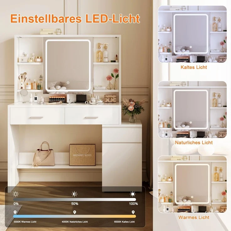 JUMMICO Schminktisch mit LED Spiegel Beleuchtung (3 Helligkeiten & 3 Farbtemperaturen), Großer Kosmetiktisch mit 6 Fächern, 2 Schubladen, Seitenschrank & Ablagefläche, 117 x 40 x 140 cm, Weiß – Bild 5