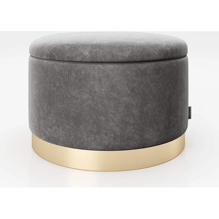 PLAYBOY - runder Pouf SUE" gepolsterter Sitzhocker mit Stauraum, Samtstoff in Grau, goldener Metallfuss, Retro-Design"