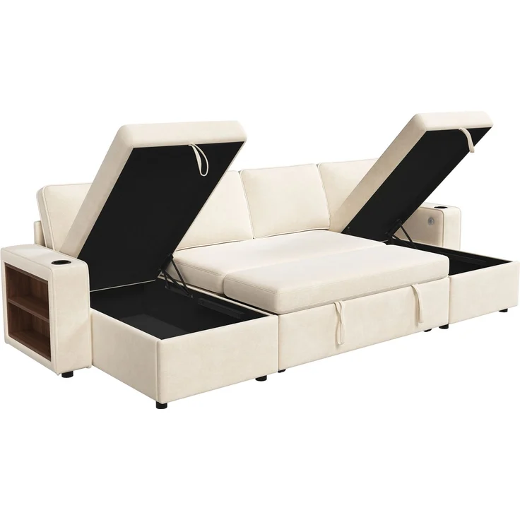 Merax U‑förmiges Ecksofa mit Schlaffunktion, ausziehbares Schlafsofa, integrierter Stauraum, doppelte Chaiselongue mit verstecktem Stauraum, Becherhalter, USB‑Ladeanschluss und Armlehnen‑Ablage, Beige – Bild 8