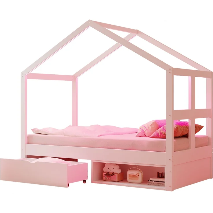 Merax Einzelbett, Jugendbett, Holzbett 90×190 cm, mit Schubladen und kleinem Schuhschrank, mit mehrfarbiger LED-Beleuchtung, Lattenrost, Weiß – Bild 10