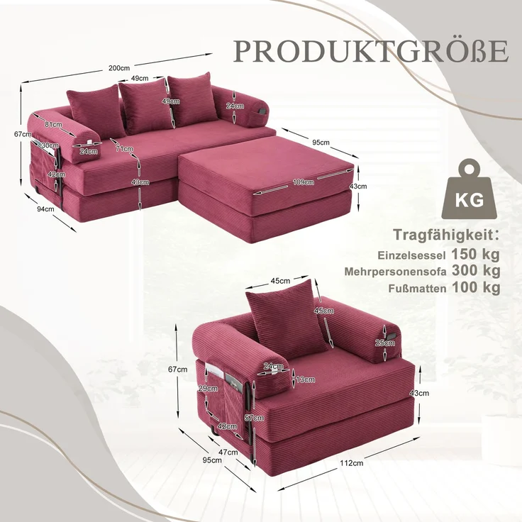 ZUBALIYA Ecksofa 94x67 cm, mit Ablageflächen, mit Cordbezug, mit breiten Armlehnen, modular aufgebaut, mit Schaumstoffpolsterung – Bild 2