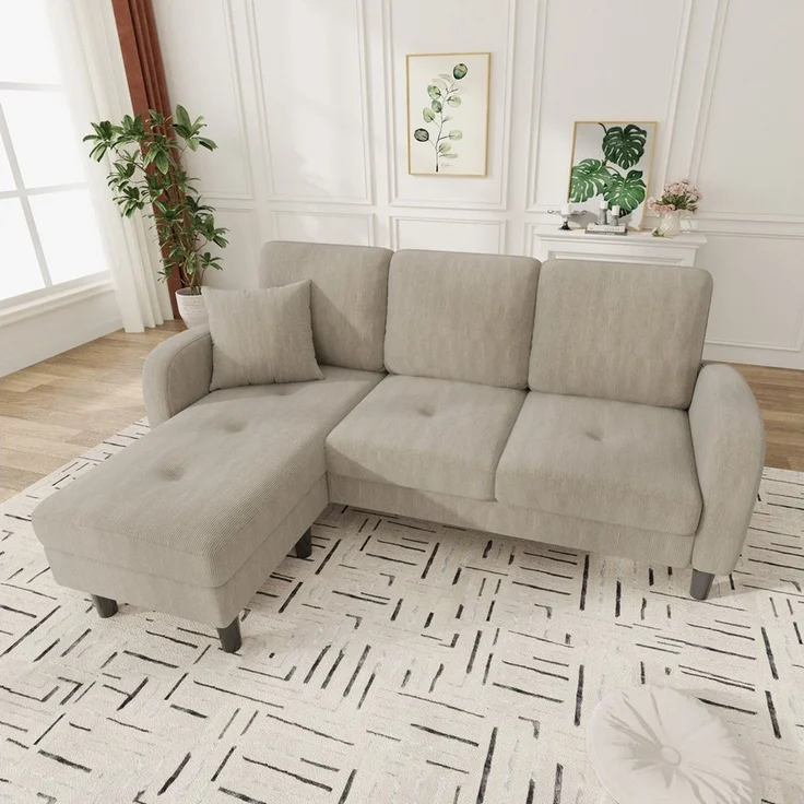 Merax Ecksofa L-förmiges Sofa mit Bettfunktion, Modulares Sofa aus Cordstoff, 1 Teile, 3-Sitzer Sofa mit Chaiselongue, Kissen & Kunststoffbeine, 166x118x77cm – Bild 5