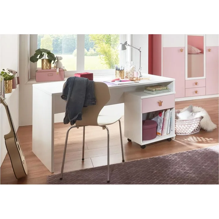 Schreibtisch CINDY 2 weiß rosé Bürotisch inkl. Rollcontainer 140