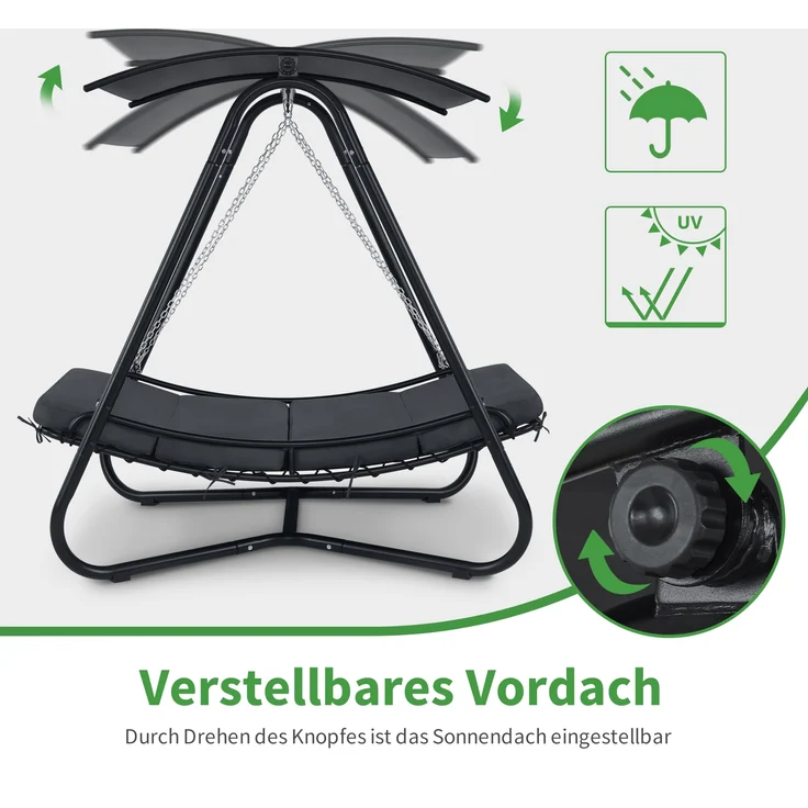 M MCombo Hollywoodschaukel mit Liegefunktion, Schaukelliege Outdoor, Gartenliege Wetterfest, Gartenschaukel mit Sonnendach & Extradickem Sitzkissen, Sonnenliege 167x155x173 cm, 8012 (grau) – Bild 6
