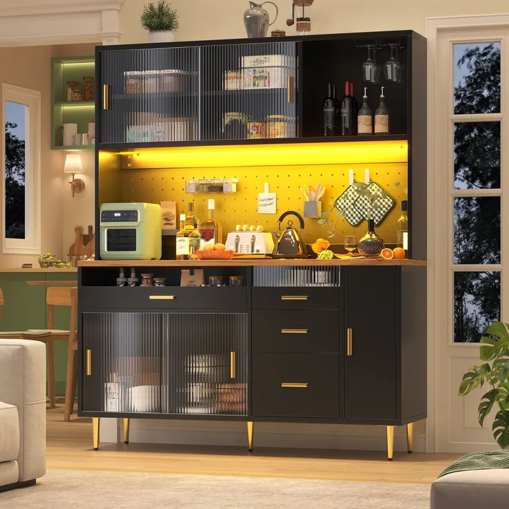 Sideboard 145x39x171 cm, schwarz, mit LED, Glasschiebetür, höhenverstellbaren Fächern