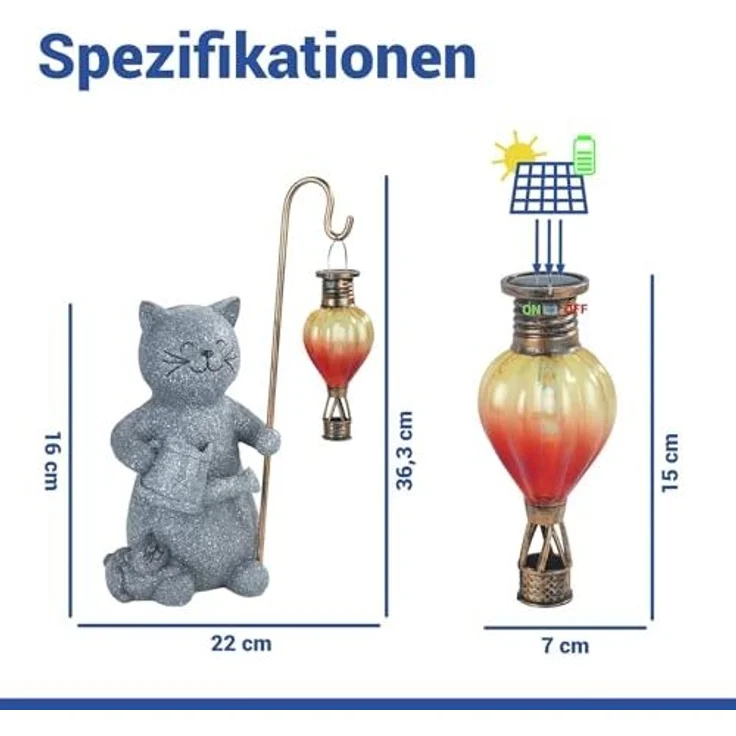 Maximex Solar Gartenfigur Katze mit LED-Heißluftballon, Solar Tierfigur mit warmem, flackerndem Licht, wetterfest, für Garten, Balkon und Terrasse, 16 x 26,5 x 15 cm, Polyresin – Bild 6