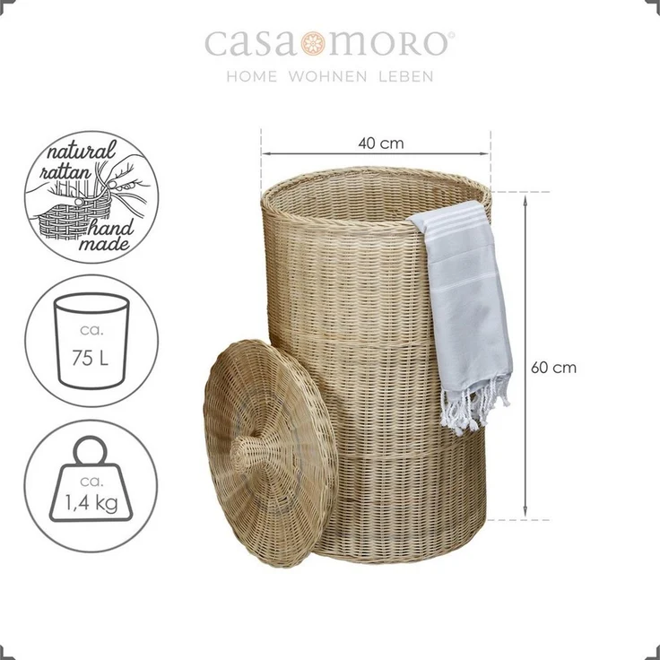Casa Moro Wäschekorb aus Rattan mit Deckel, Natur, 75 L (1 St, Ø 40 cm, Höhe ohne Deckel 60 cm), Baumwollbeutel herausnehmbar und bei 30 °C waschbar – Bild 2