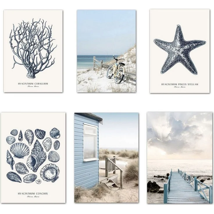 JUSTGOODMOOD Poster Strand Hütte Muscheln Korallen Ozean Meer als Deko Print ohne Rahmen 1, A (1 St) – Bild 1