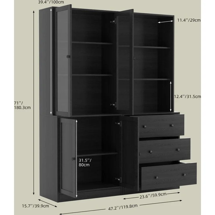 VOWNER Bücherregal 5-stöckiges Bücherregal mit Glastüren, 180 cm Vitrinenschrank, 2-tlg, multifunktionaler Küchenschrank Hochschrank & Buffetschrank – Bild 1