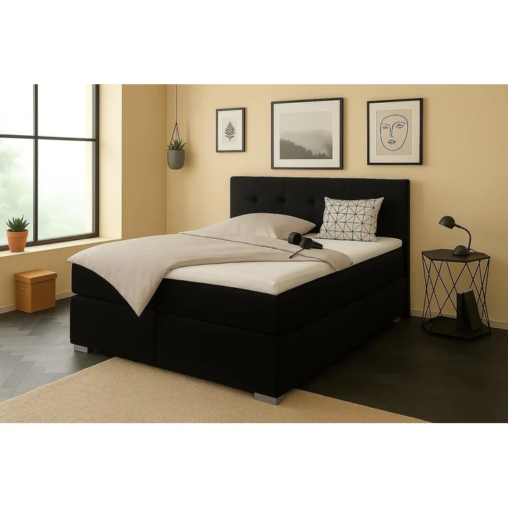 Boxspringbett TOM 200x200 cm mit Matratze und gepolstertem Kopfteil. Farbe Schwarz – Bild 2