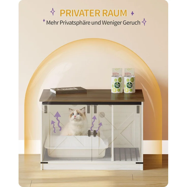 Katzenklo Schrank, Katzenschrank, Katzentoilette mit Herausnehmbarer Trennwand, Katzenhaus, Umkehrbarer Eingang Links oder Rechts, als Sideboard, 80 x 50 x 54 cm, Vintagebraun-Weiß – Bild 7
