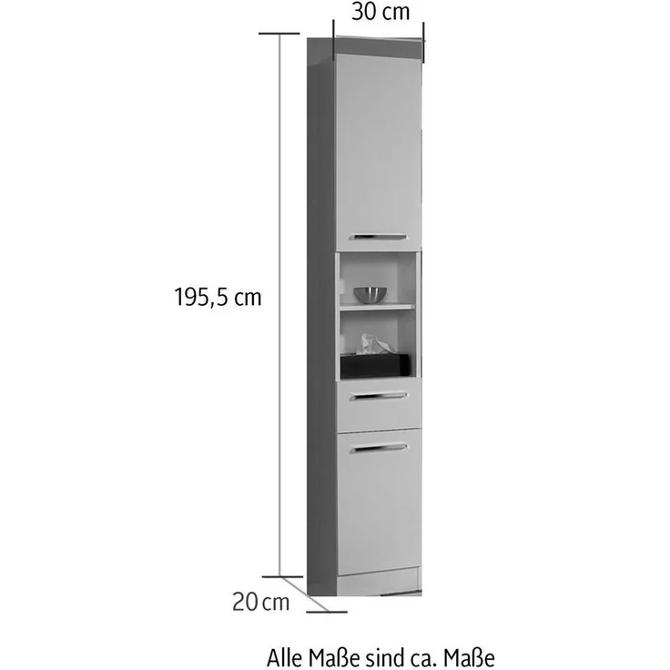 Saphir Hochschrank Quickset 335 Badschrank 30 cm breit, 2 Türen, 1 Nische, 3 Einlegeböden Badezimmer-Hochschrank, Weiß Glanz, Griffe in Chrom glänzend – Bild 3