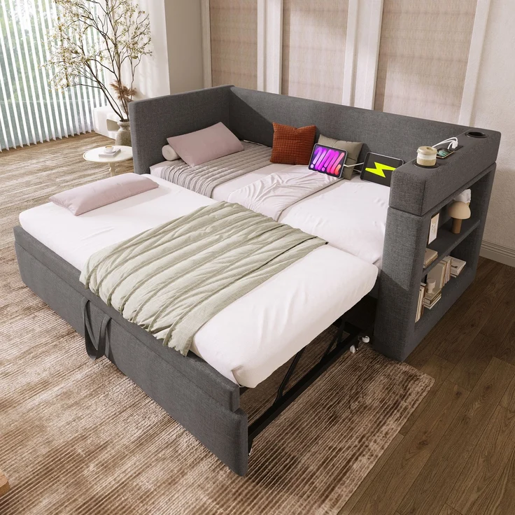 Polstertes Daybett 90x190 cm, Einzelbett Schlafsofa mit Ausziehbett, Armlehnen mit USB- & Type-C-Ladeanschluss und Getränkehalter, Leinen-Mischgewebe, Grau, ohne Matratze – Bild 9