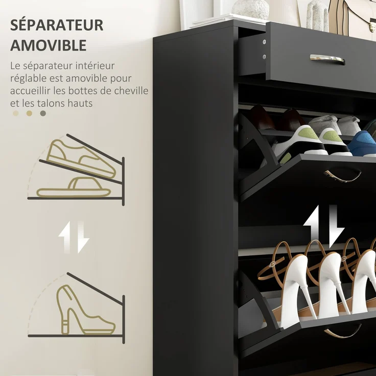 Schuhschrank mit 2 Schubladen und 2 Klapptüren, mit verstellbarem Einlegeboden, Aluminiumgriffe. 80 x 30 x 91,5 cm, Schwarz – Bild 8