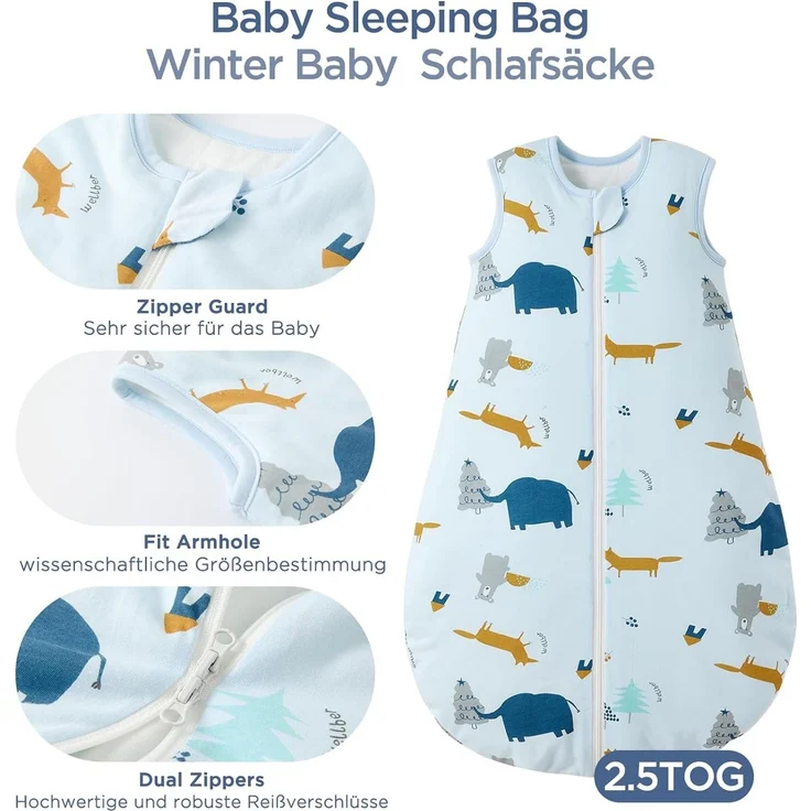 Duomiaomiao 2.5Tog Schlafsack Baby Ganzjahres, 100% Baumwolle Baby Schlafsack Winter, Mädchen Schlafsack Neugeboren,Warmer Schlafsack Neugeborene Kinder(2.5 TOG/Elefanten/100) – Bild 2