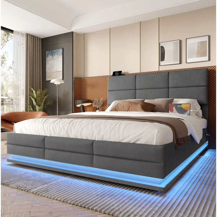 Boxspringbett Samt Grau Höhenverstellbar 160x200 cm mit LED Beleuchtung USB Anschluss Hydraulik Stauraum Kopfteil Doppelbett – Bild 1