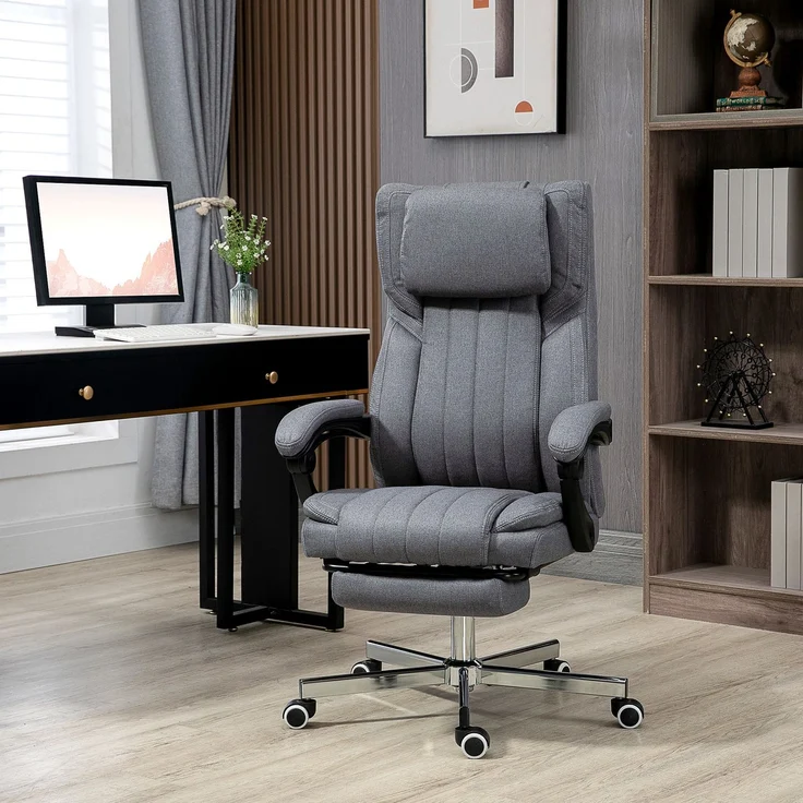 MELAYR, Bürostuhl mit Massagefunktion, neigbare Rücklehne, ausziehbare Fußstütze, Leinenoptik, grau, 65 x 61 x 118 cm – Bild 4