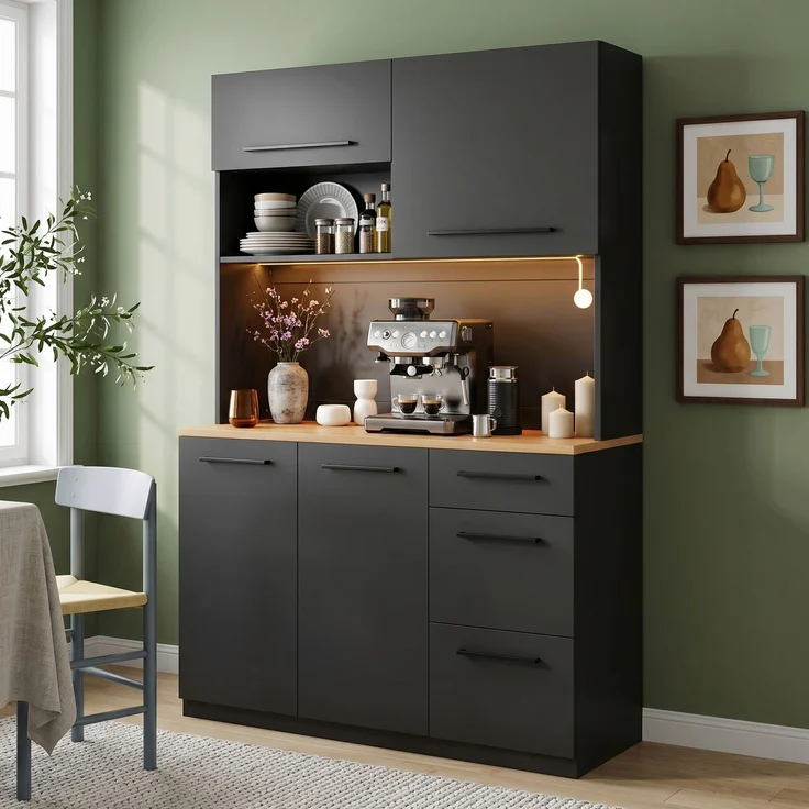 Buffetschränke, Esszimmer-Hochschrank 120×40×180 cm, mehrstufigem Stauraum, integrierter Steckdose sowie USB-C- und USB-A-Anschlüssen,Mit farbigem Lichtstreifen, Schwarz – Bild 4