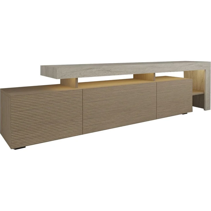 Moderner TV-Ständer mit LED-Beleuchtung, 192 cm, Travertin & Warme Eiche, 100% melaminbeschichtet, 18 mm Stärke | Stilvoll & Funktional