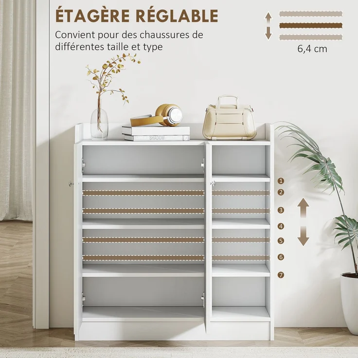 Schuhschrank für den Eingangsbereich für 12 Paar Schuhe – Schuhschrank mit 4 offenen Fächern und Doppeltürenschrank – verstellbares Regal – 83 L x 30 B x 90 H cm – weiß – Bild 7