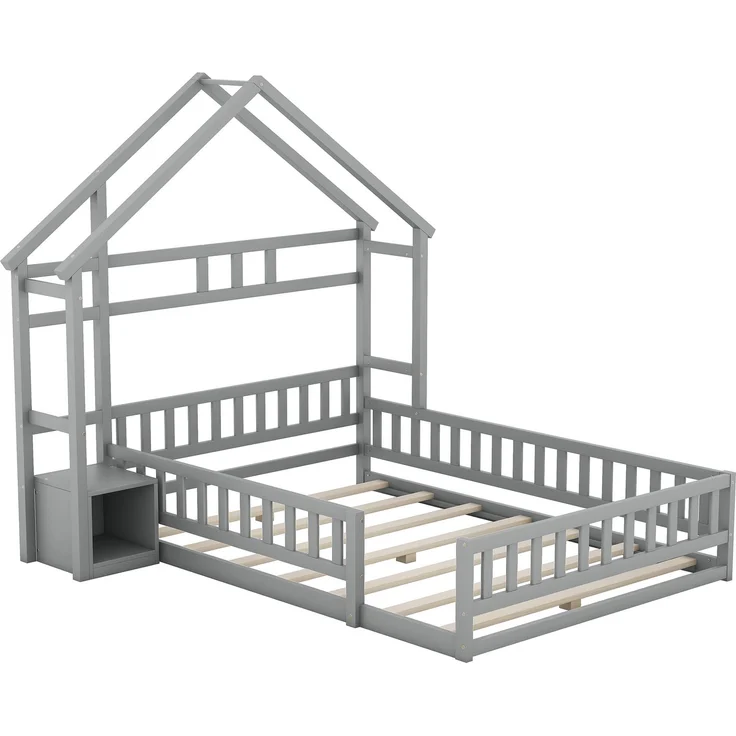 Kinderhausbett, Flachbett aus Kiefernholz mit Geländer, inklusive Nachttisch, stabiles Massivholzbett für Kinder,Grau – Bild 9