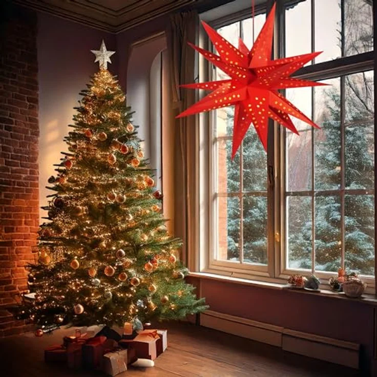BRUBAKER LED Stern Weihnachtsstern für Innen - 60 cm XXL Leuchtstern - Hängend, Batteriebetrieben mit Timer, LED fest integriert, Warmweiß, Adventsstern für Fensterdeko Weihnachtsdeko - Papierstern Weihnachten – Bild 3
