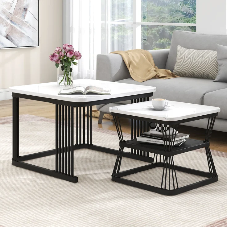 2er-Set Beistelltische, Marmoroptik weiß/schwarz, 65x65x45 & 45x45x39,5 cm – Bild 4