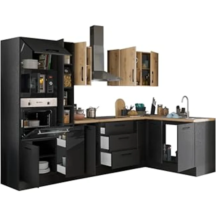 Turin LBM Eckküche 300 x 211 x 60 cm, schwarz - Ohne Küchengeräte - Moderne, geräumige Küche in Artisan-Eiche Optik mit viel Stauraum – Bild 4