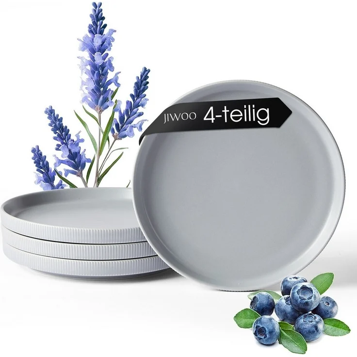 JIWOO Teller 4er Ø27,7cm, Speiseteller Steakteller Dessertteller Brotteller Plate, (4 St), Keramik Hochwertiges Tellerset Grau Mikrowellen spülmaschinenfest – Bild 1