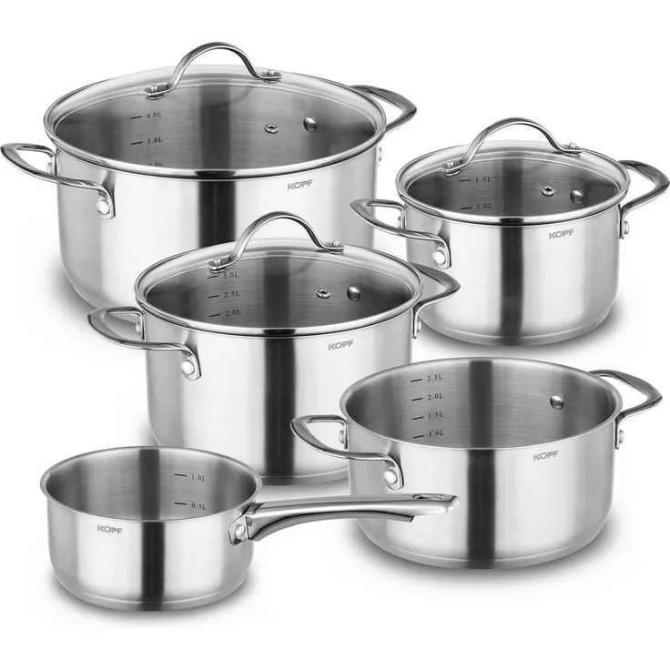 Kopf Topf-Set Clara, Edelstahl (Set, 8-tlg, 4 Kochtöpfe (16,20,20,24cm), 1 Stielkasserolle (16cm), 3 Glasdeckel), Kochtopfset, Töpfe Induktion, Spülmaschinengeeignet, Backofenfest