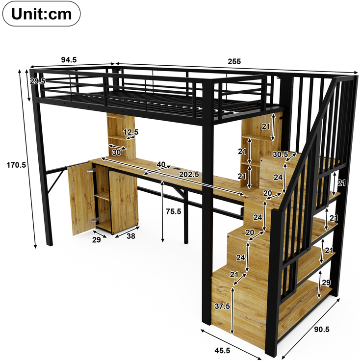 Hochbett 90×200 cm mit Rausfallschutz, Schreibtisch, Stauraum und USB-Anschluss, Schwarz, ohne Matratze – Bild 5