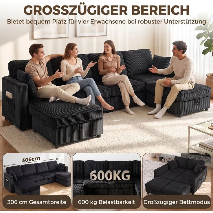 HOMCOM Ecksofa, Cord, Dunkelgrau, 306 x 153 x 85 cm – Bild 4