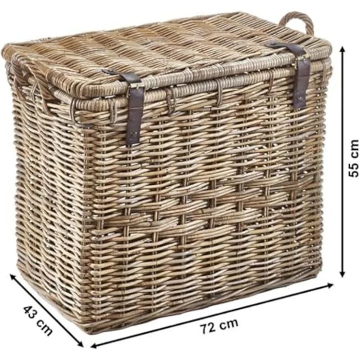 Kobolo Aufbewahrungskorb Universalkorb aus Rattan mit Deckel, Griffen und Lederriemen (Einzelstück, 1 St, 1 Stück), Ordnungssystem mit viel Stauraum – Bild 3