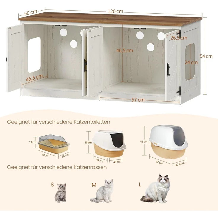Katzenschrank für 2 Katzen, Bauernhausstil, für den Innenbereich, Holz/Stahl Vintagebraun-Weiß, 120 x 50 x 54 cm – Bild 8