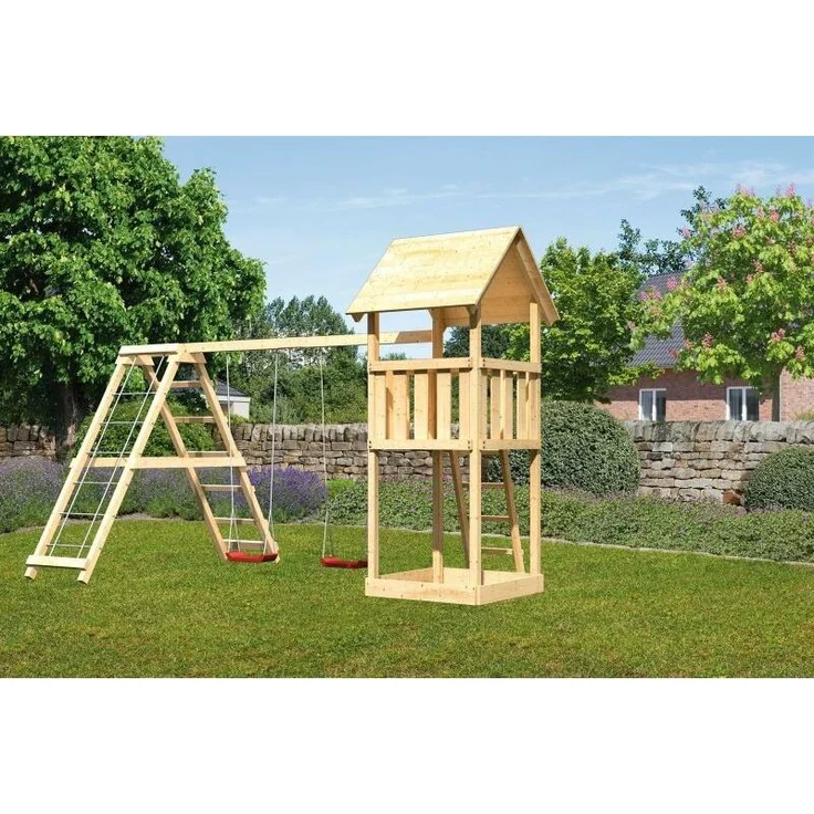 Karibu Kinderspielturm Lotti Satteldach mit Gerüst / Doppelschaukel naturbelassen 1,07 x 1,07 x 2,91 m – Bild 13