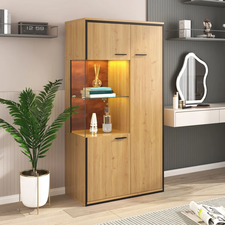 Vitrine aus MDF mit Glastür & LED-Beleuchtung, 77,5x40x150 cm, Natur – Bild 1