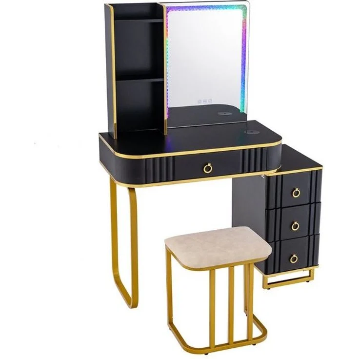 COSTWAY Schminktisch, mit 14 dimmbaren LED-Leuchten, USB-Anschluss, Hocker – Bild 4