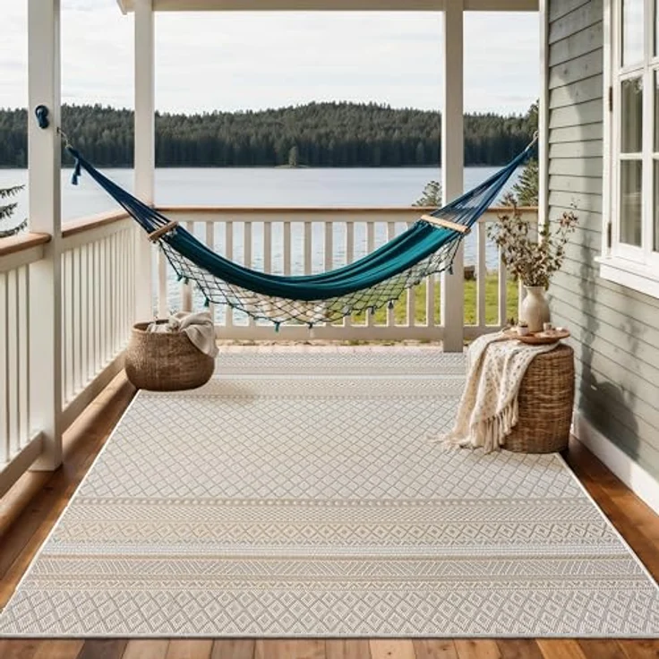 the carpet Calgary - robuster Outdoor Teppich, Flachgewebe, modernes Design, ideal für Küche und Esszimmer, Vintage-Optik, Boho-Style, auch für den Außenbereich, Beige Gelb, 200x280 cm – Bild 10