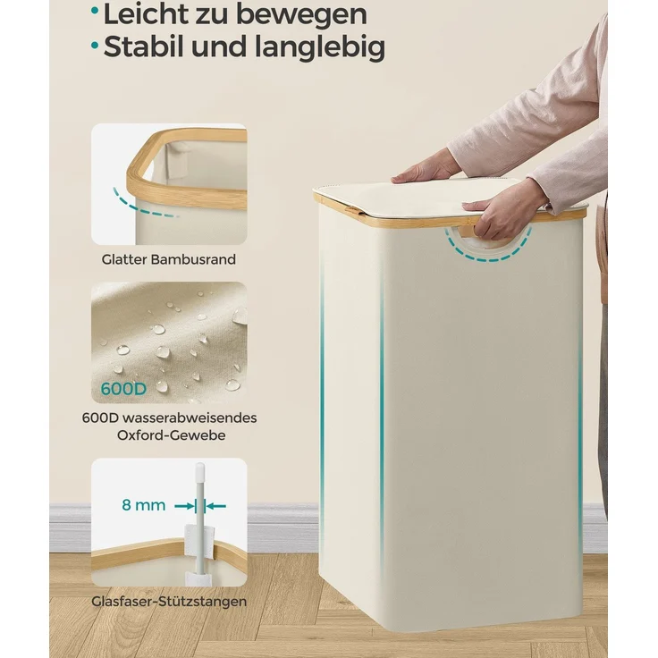 SONGMICS Wäschekorb mit Deckel und herausnehmbarem Wäschesack, zusammenklappbar, Bambus / Oxford-Gewebe cremeweiß, 130 l – Bild 3