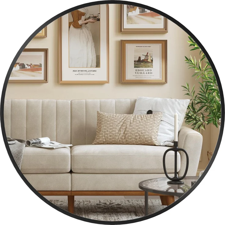 SONGMICS 50 cm d Spiegel rund, runder Spiegel, Wandspiegel, Metallrahmen, einfache Montage, modern, für Bad, Wohnzimmer, Schlafzimmer, Flur, Eingangsbereich, tintenschwarz LWM101BD03