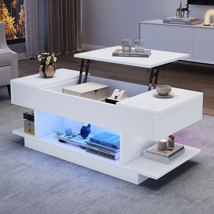 Couchtisch Weiß Hochglanz mit LED, Lift-Top Funktion, seitlichen Ablagen & 4 offenen Fächern, Wohnzimmertisch – Bild 1
