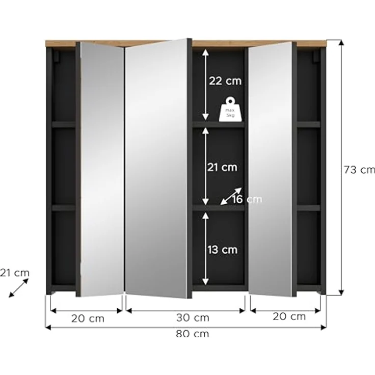 Xonox Canu Spiegelschrank (B/H/T: 80x55x34 cm) in Basalt grau Nachbildung und Artisan Nachbildung – Bild 4