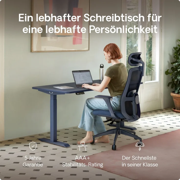 Desktronic HomeOne Elektrisch höhenverstellbarer Schreibtisch 140x70cm Weiß/Blau mit Memory-Funktion, Anti-Kollisions Technologie, USB-A und USB-C-Ladeanschlüssen – Bild 2