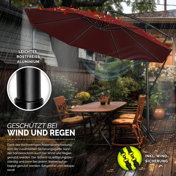 tillvex Sonnenschirm Rot Ø 350 cm Ampelschirm Gartenschirm Marktschirm Kurbel Balkon Alu Neigbar – Bild 4