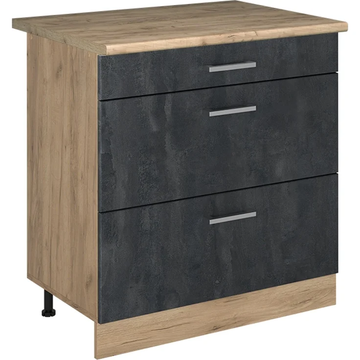 Küchenunterschrank R-Line Schwarz Beton/Goldkraft Eiche 80 cm mit 3 Schubladen Arbeitsplatte Goldkraft Eiche Vicco – Bild 1