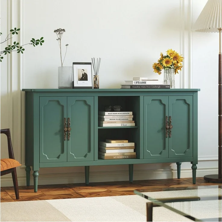 HOLTICO Sideboard Buffet Schrank mit 4 Türen und offenem Regal, Vintage Akzent Kommode (1 St), TV-Schrank, Küchenschrank, Kredenz, und Weinschrank – Bild 4