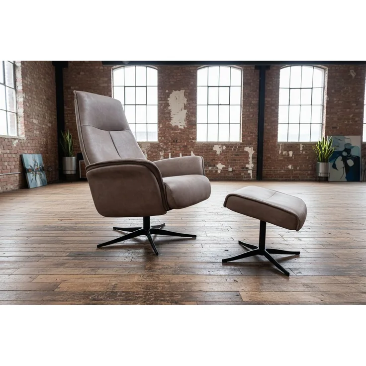 KAWOLA Relaxsessel JOSIANE Drehsessel Lederfaserstoff anthrazit mit Hocker 107 x 87 x 78 cm